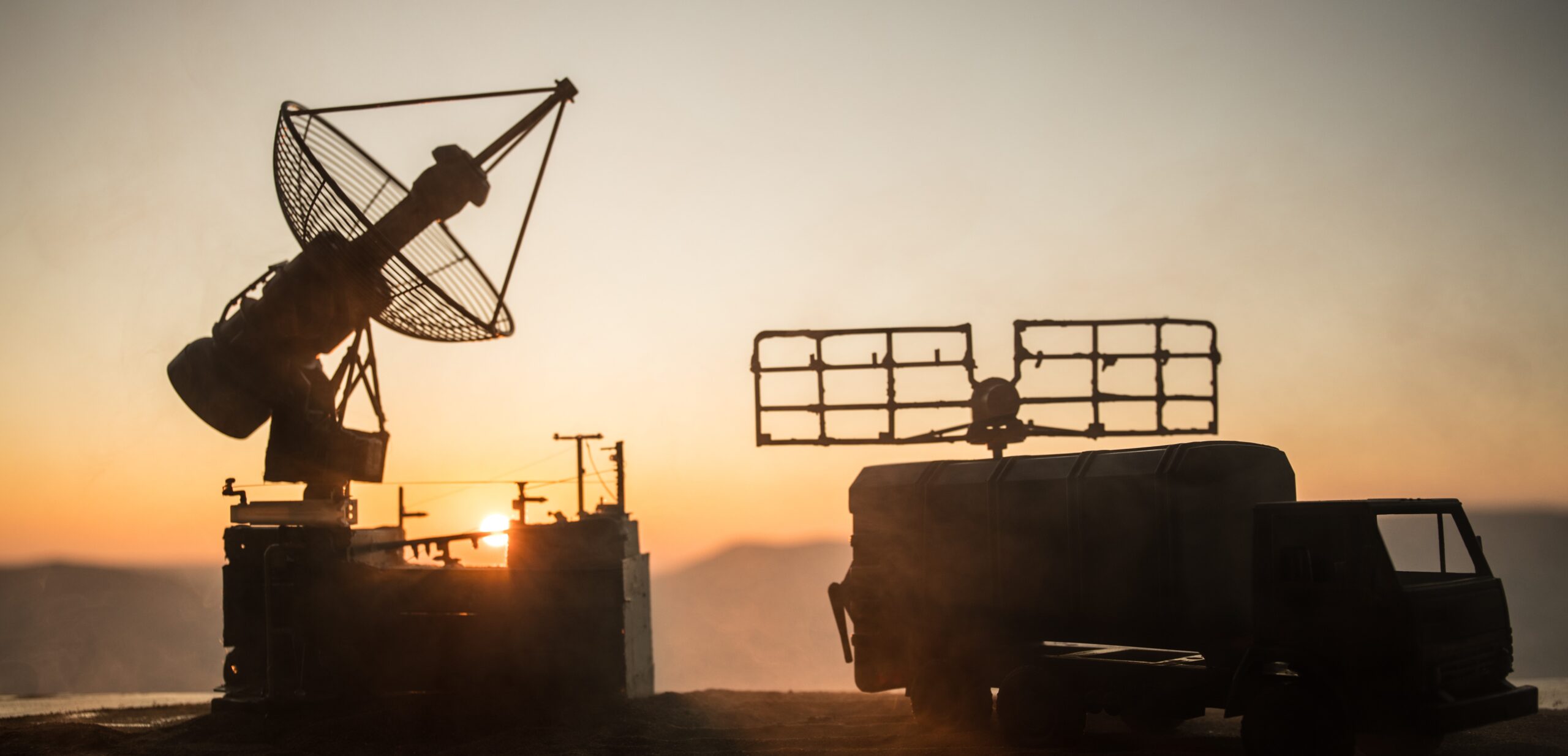 Creative,Artwork,Decoration.,Silhouette,Of,Mobile,Air,Defence,Truck,With army trailer with radar antenna silhouette